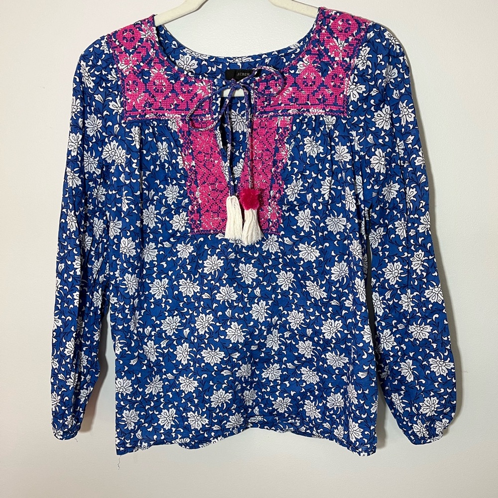J Crew Women’s Blue Boho Peasant Prairie Embroidered Cotton Top Size XXS